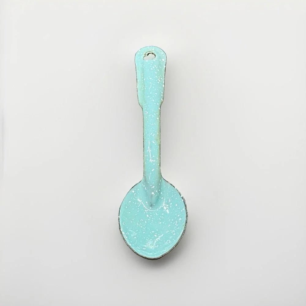 Vintage Speckled 7 in. Light Blue Enamelware Spoon - White Dots